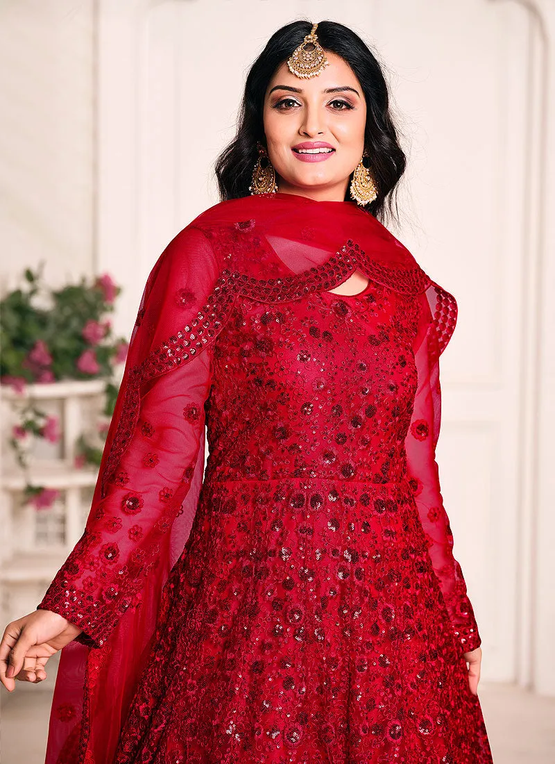 Red Sequence Embroidered Anarkali Suit