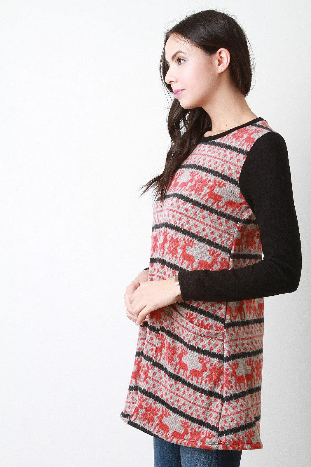 Reindeer Contrast Long Sleeves Top