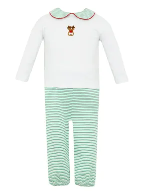 Reindeer Face Knit Pant Set- Green Stripe