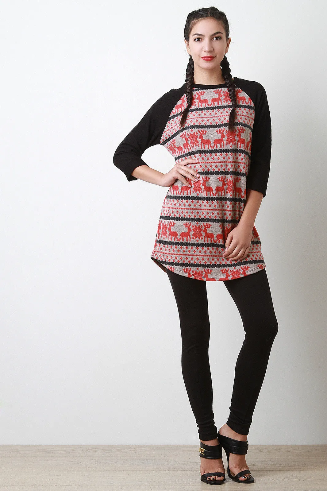 Reindeer Pattern Knit Raglan Top