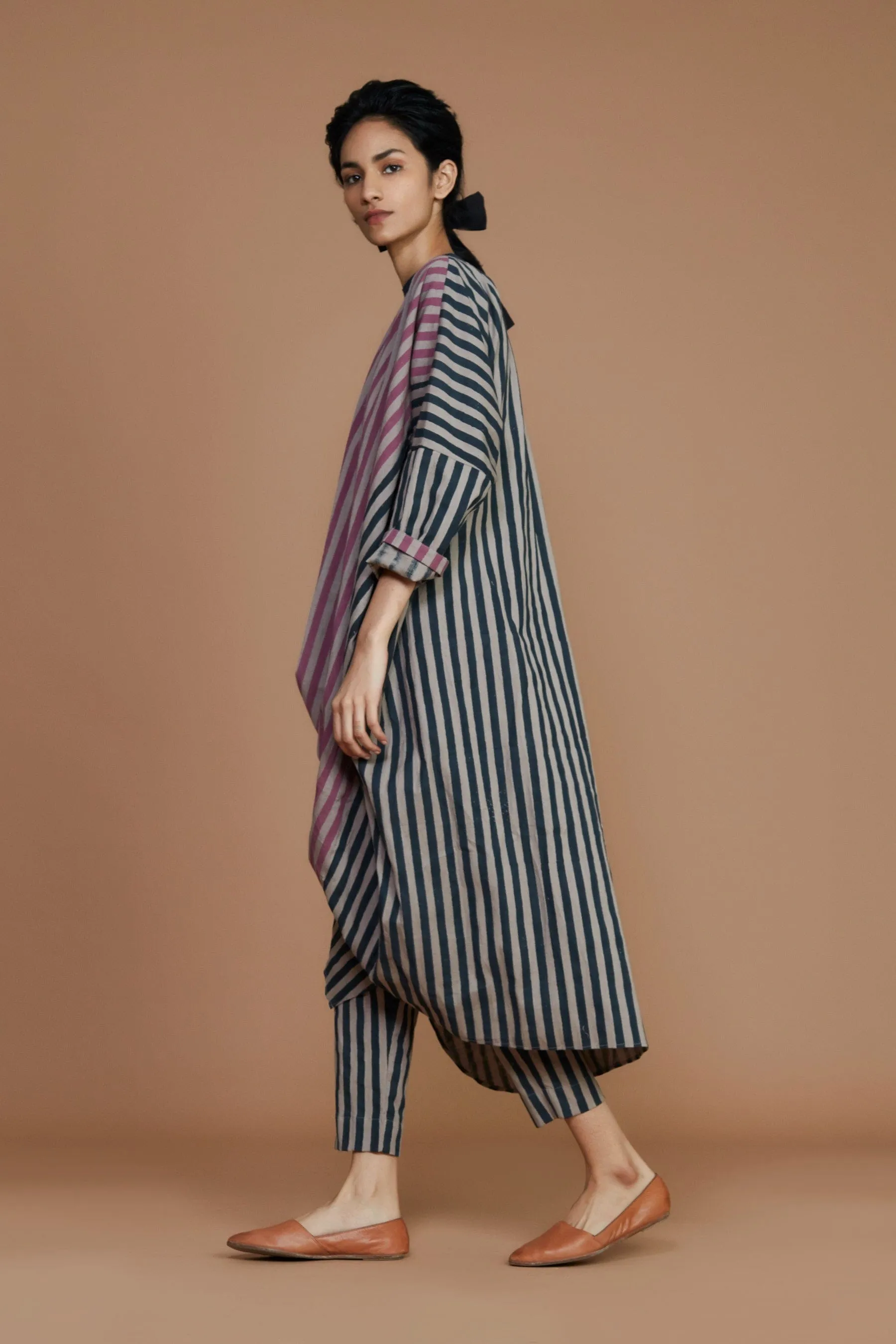 Ribbed Cowl Tunic Striped Grey Dress (Ready to Ship)