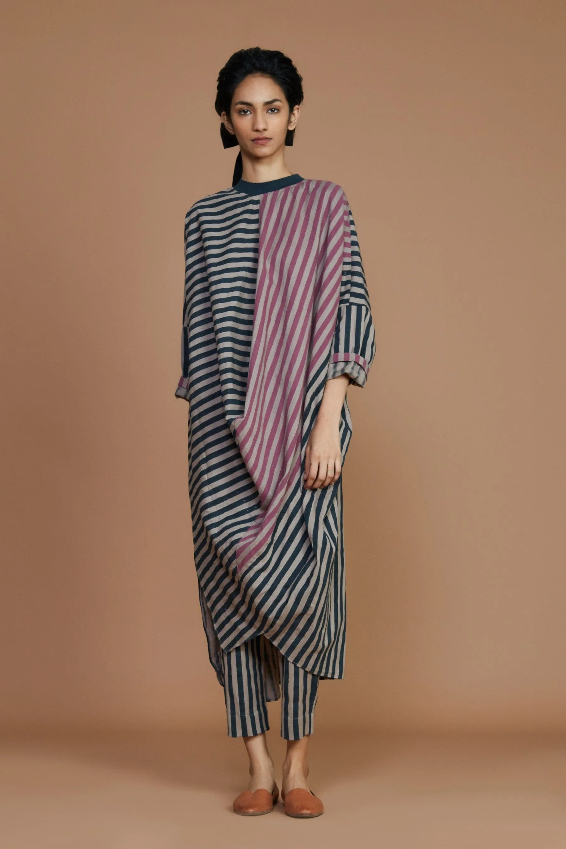 Ribbed Cowl Tunic Striped Grey Dress (Ready to Ship)