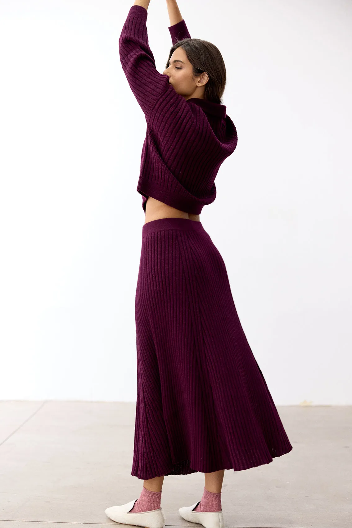 Ribbed Knitted Long Skirt Baby Alpaca - Berenjena