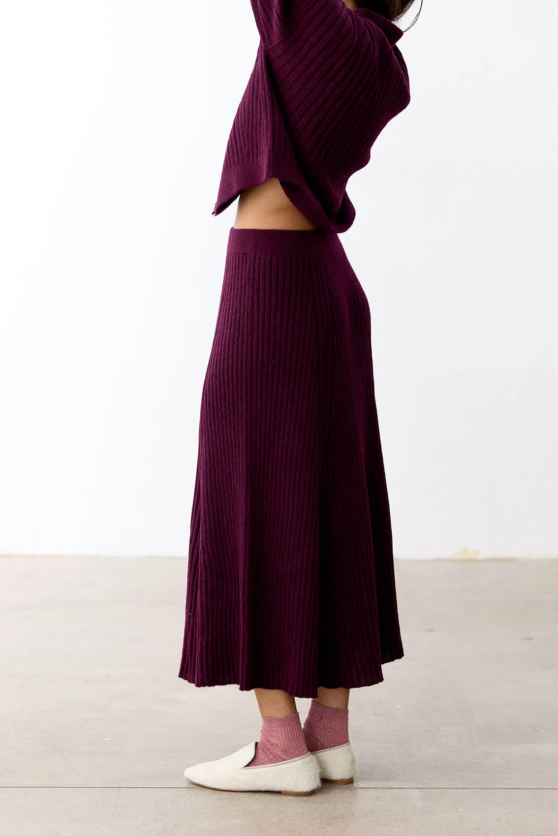 Ribbed Knitted Long Skirt Baby Alpaca - Berenjena