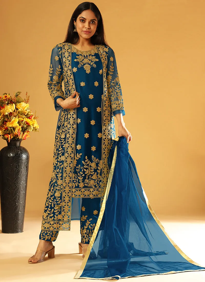 Royal Blue Embroidery Jacket Style Festive Pant Suit