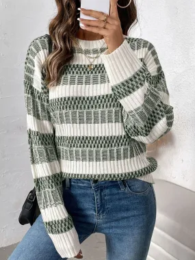 Sage and White Contrast Round Neck Long Sleeve Sweater