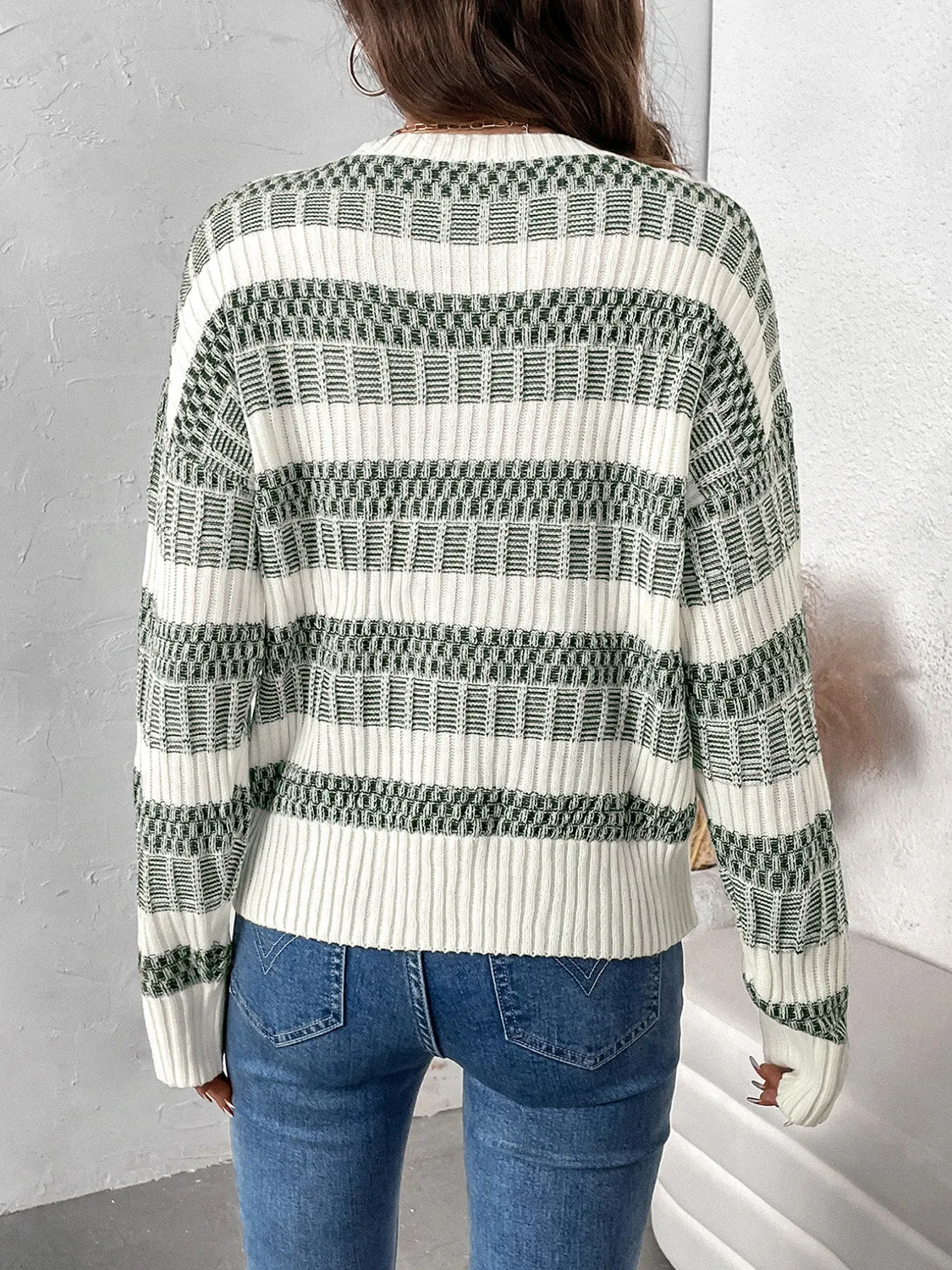 Sage and White Contrast Round Neck Long Sleeve Sweater