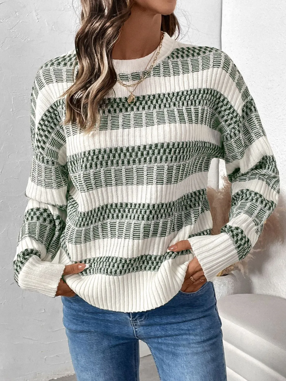 Sage and White Contrast Round Neck Long Sleeve Sweater