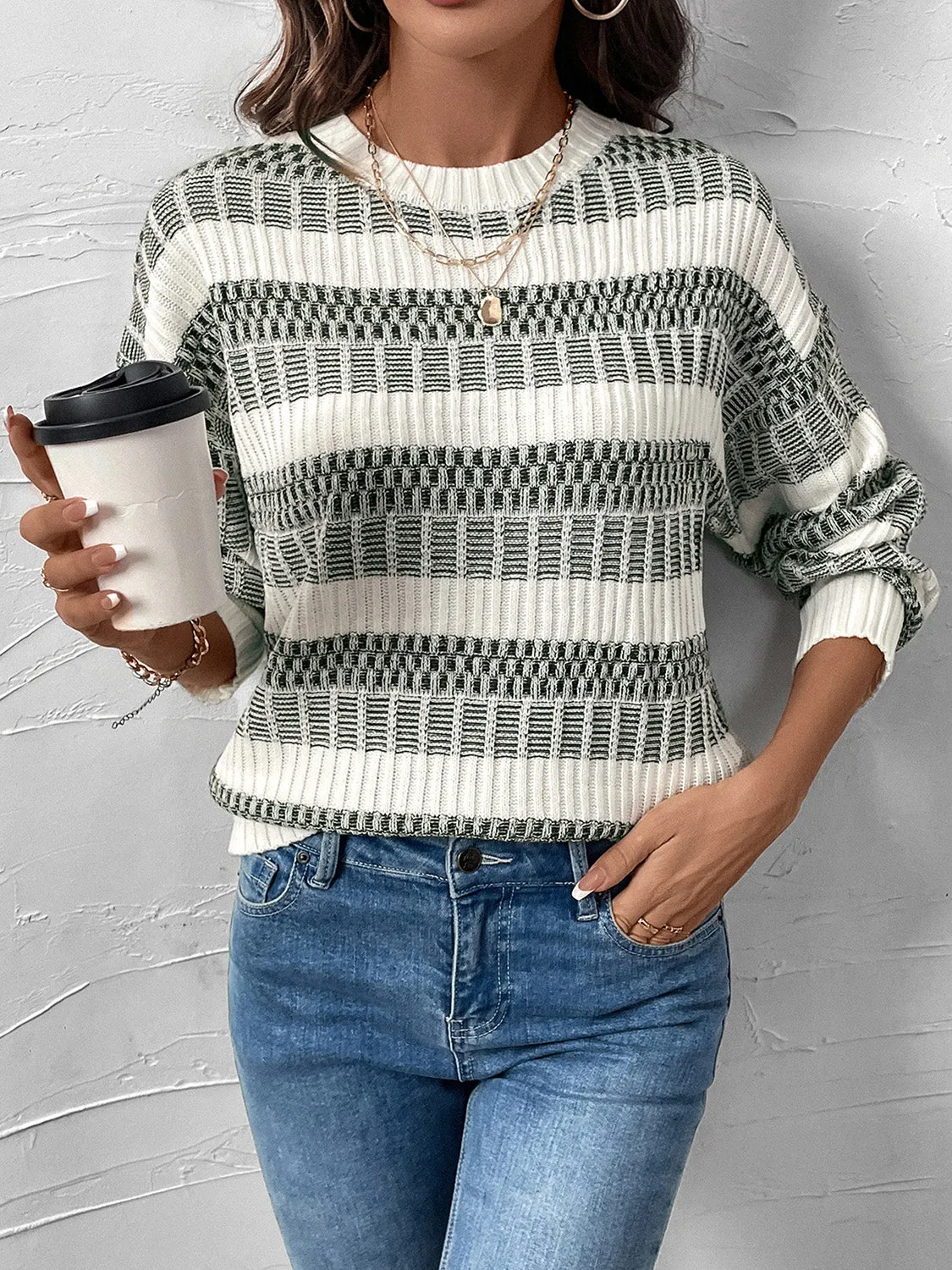 Sage and White Contrast Round Neck Long Sleeve Sweater