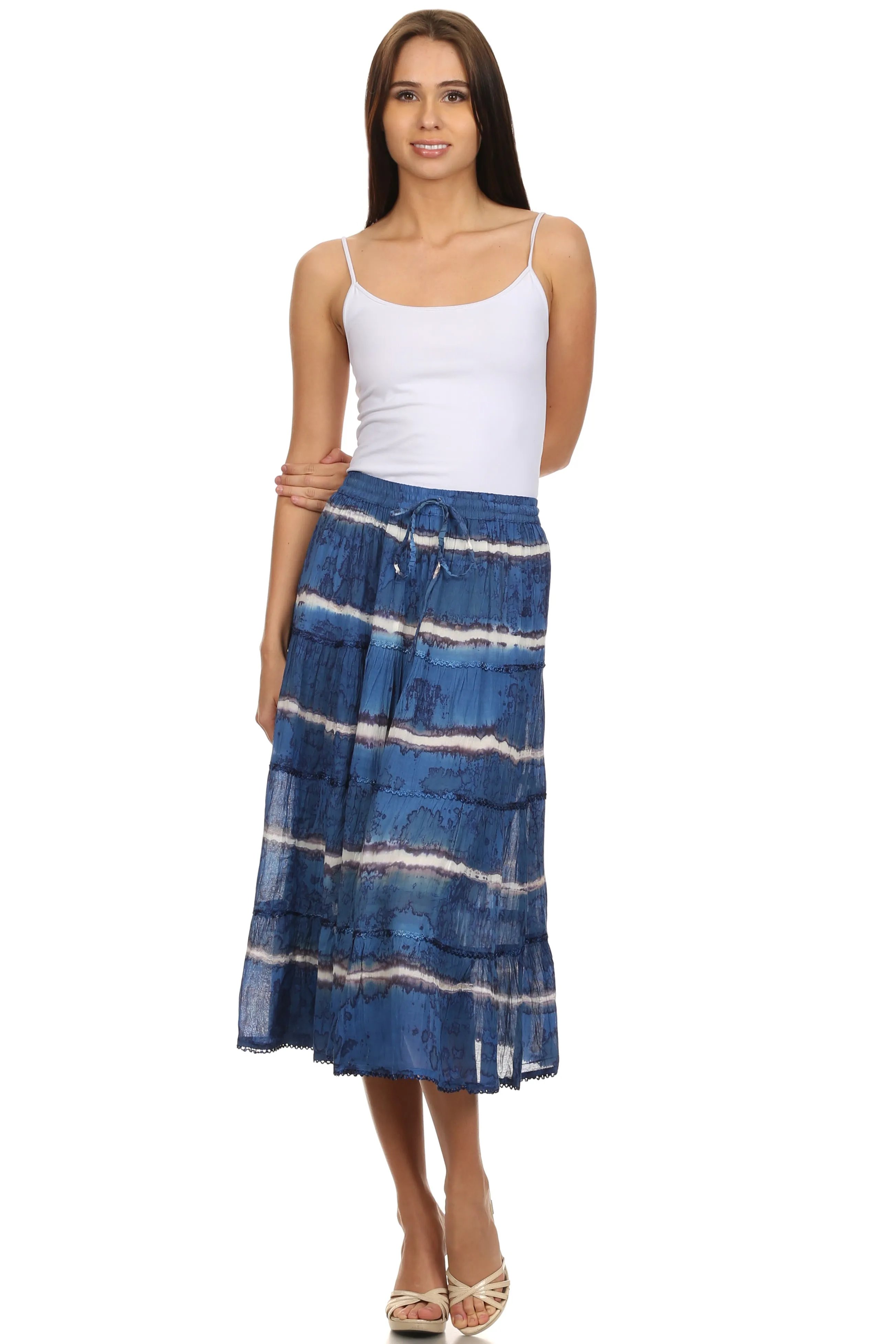 Sakkas Faith  Lace Trim Tie Dye Adjustable Waist Mid Length Cotton Skirt