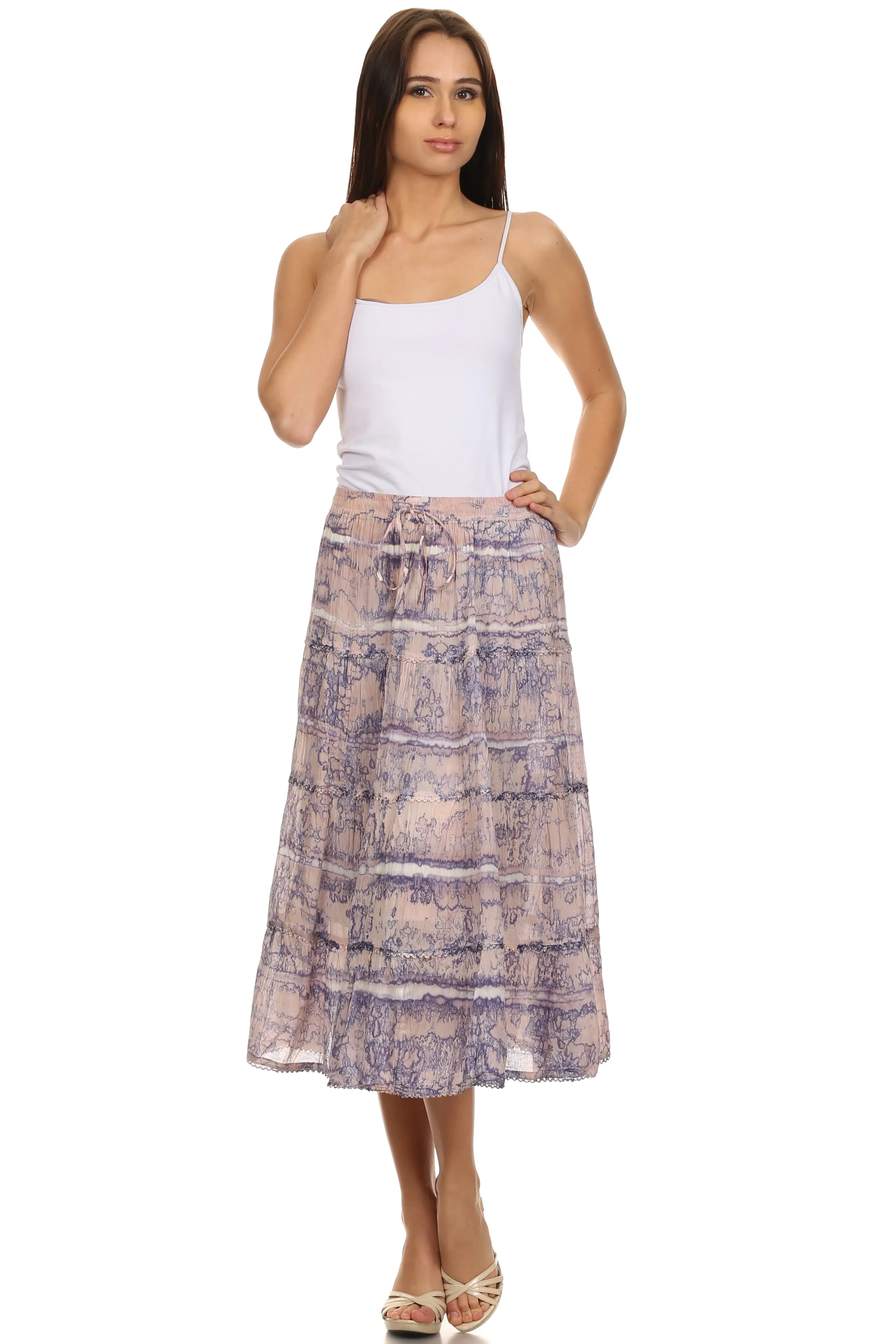 Sakkas Faith  Lace Trim Tie Dye Adjustable Waist Mid Length Cotton Skirt