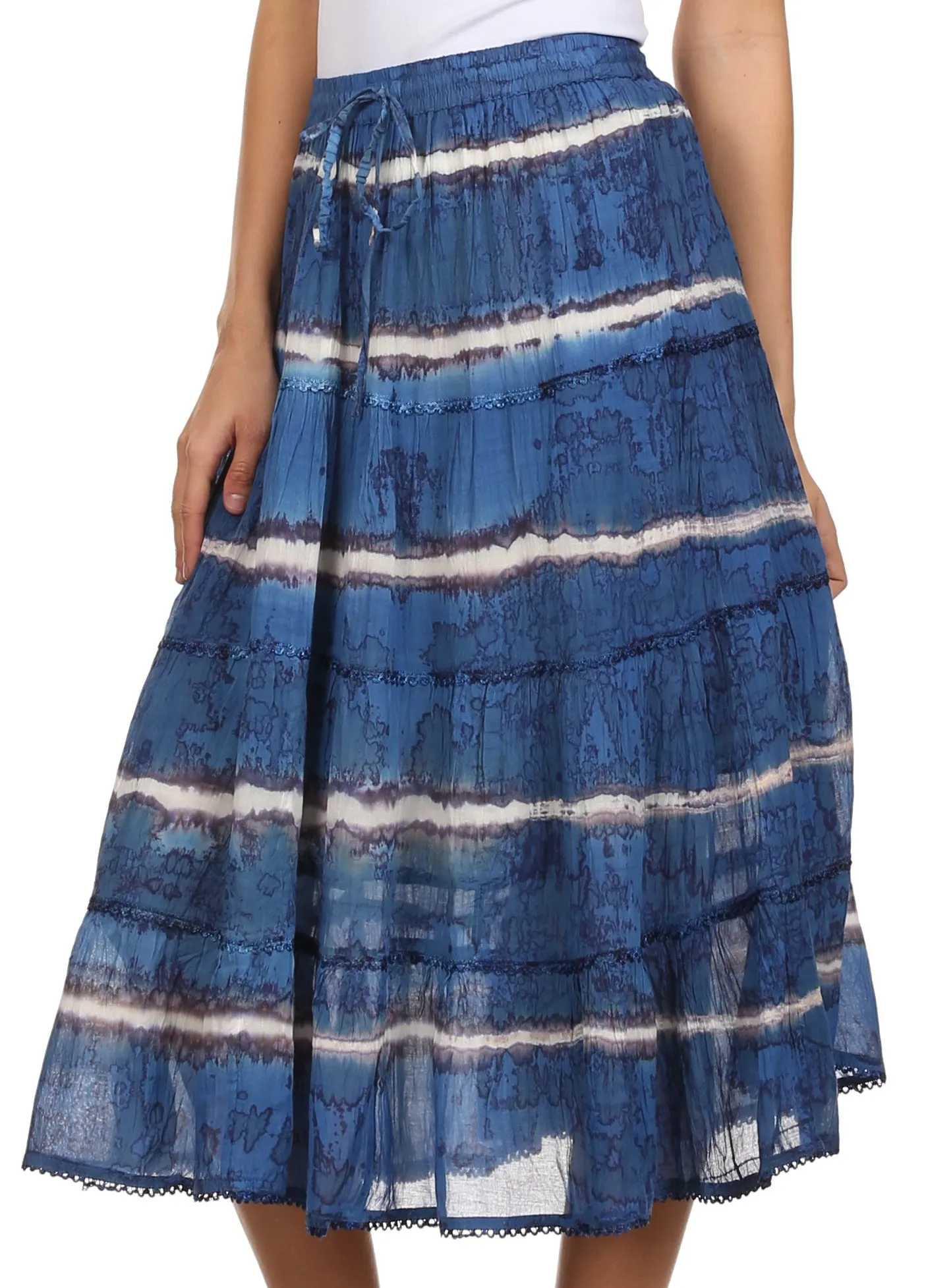 Sakkas Faith  Lace Trim Tie Dye Adjustable Waist Mid Length Cotton Skirt