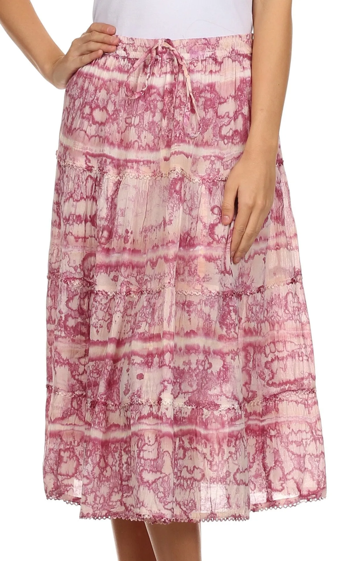 Sakkas Faith  Lace Trim Tie Dye Adjustable Waist Mid Length Cotton Skirt