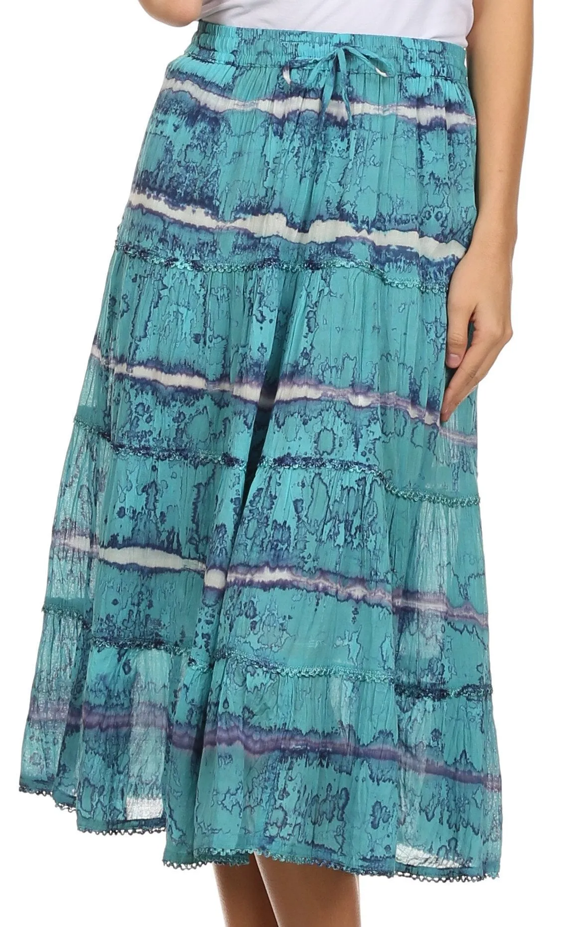 Sakkas Faith  Lace Trim Tie Dye Adjustable Waist Mid Length Cotton Skirt