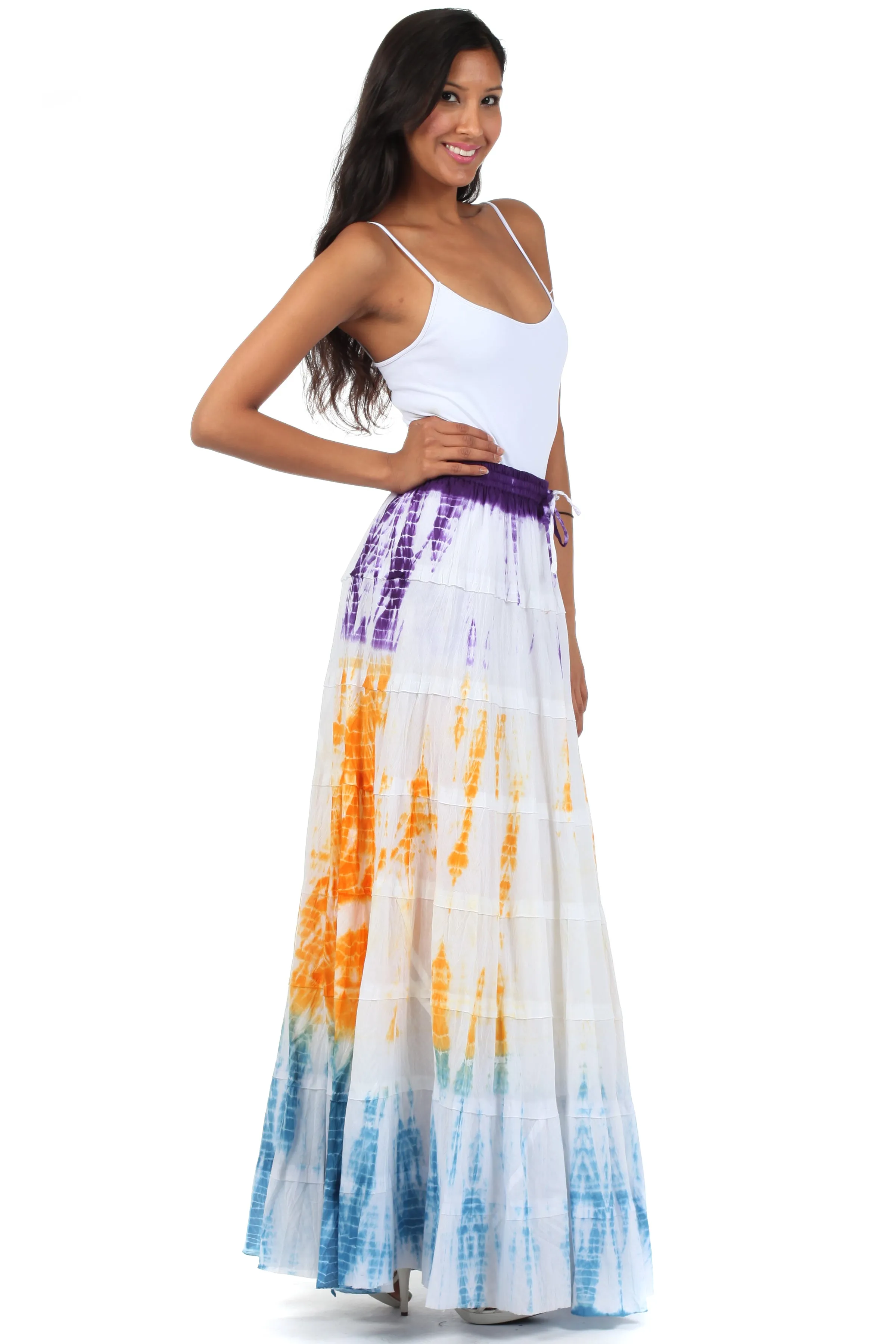 Sakkas Raw Edge Tie Dye Gypsy Boho Peasant Long Cotton Skirt