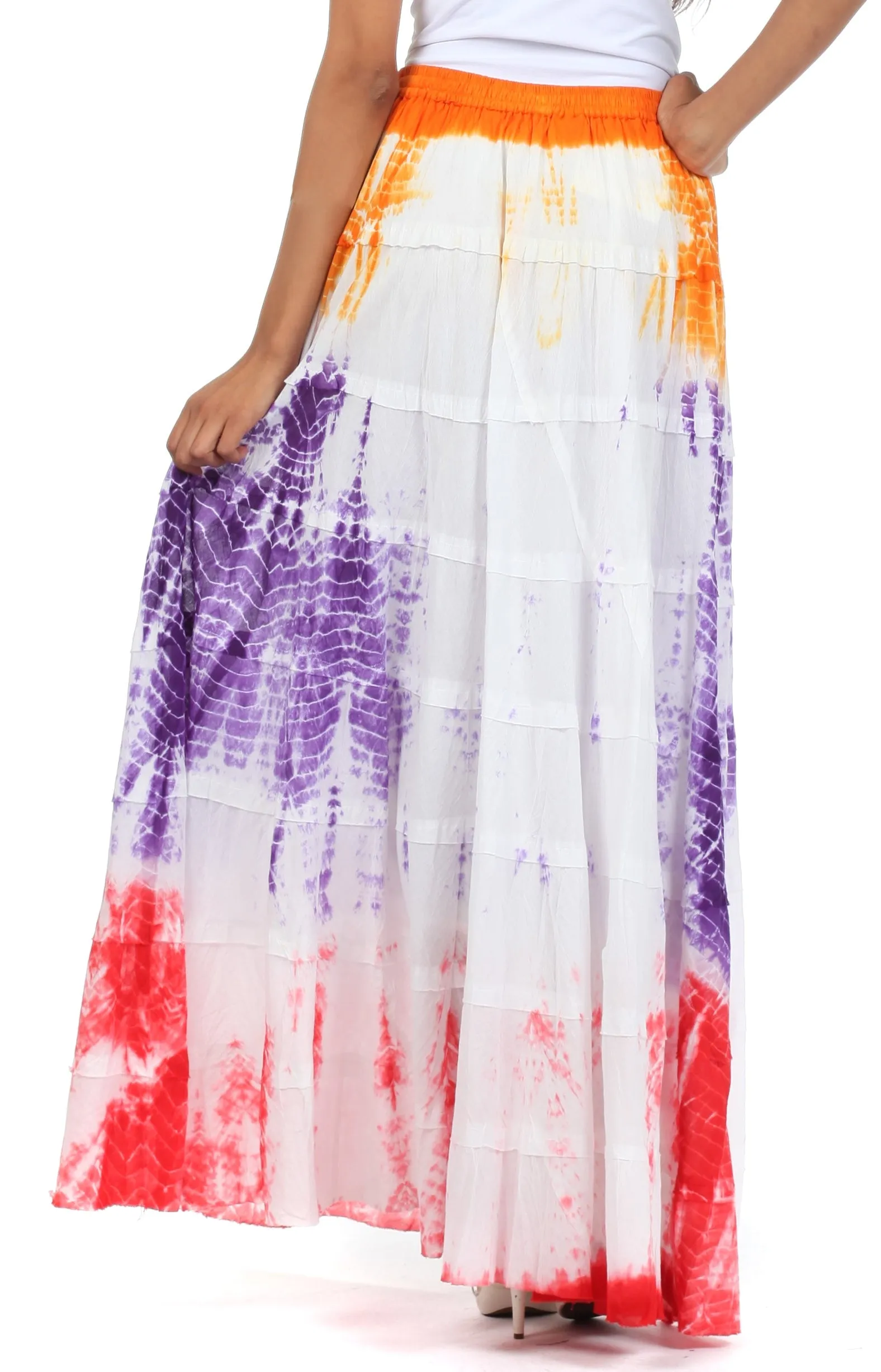 Sakkas Raw Edge Tie Dye Gypsy Boho Peasant Long Cotton Skirt