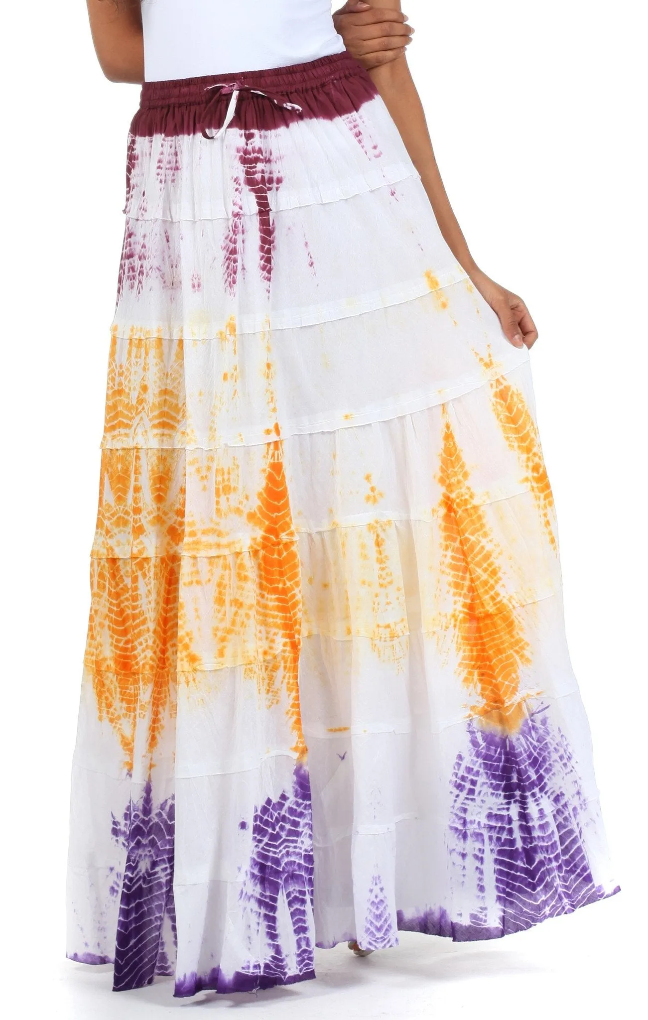 Sakkas Raw Edge Tie Dye Gypsy Boho Peasant Long Cotton Skirt