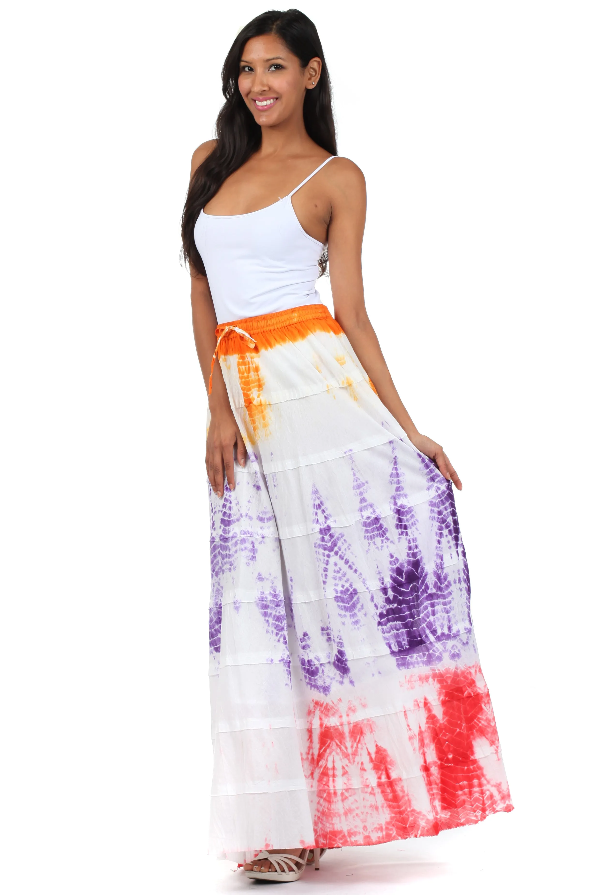 Sakkas Raw Edge Tie Dye Gypsy Boho Peasant Long Cotton Skirt