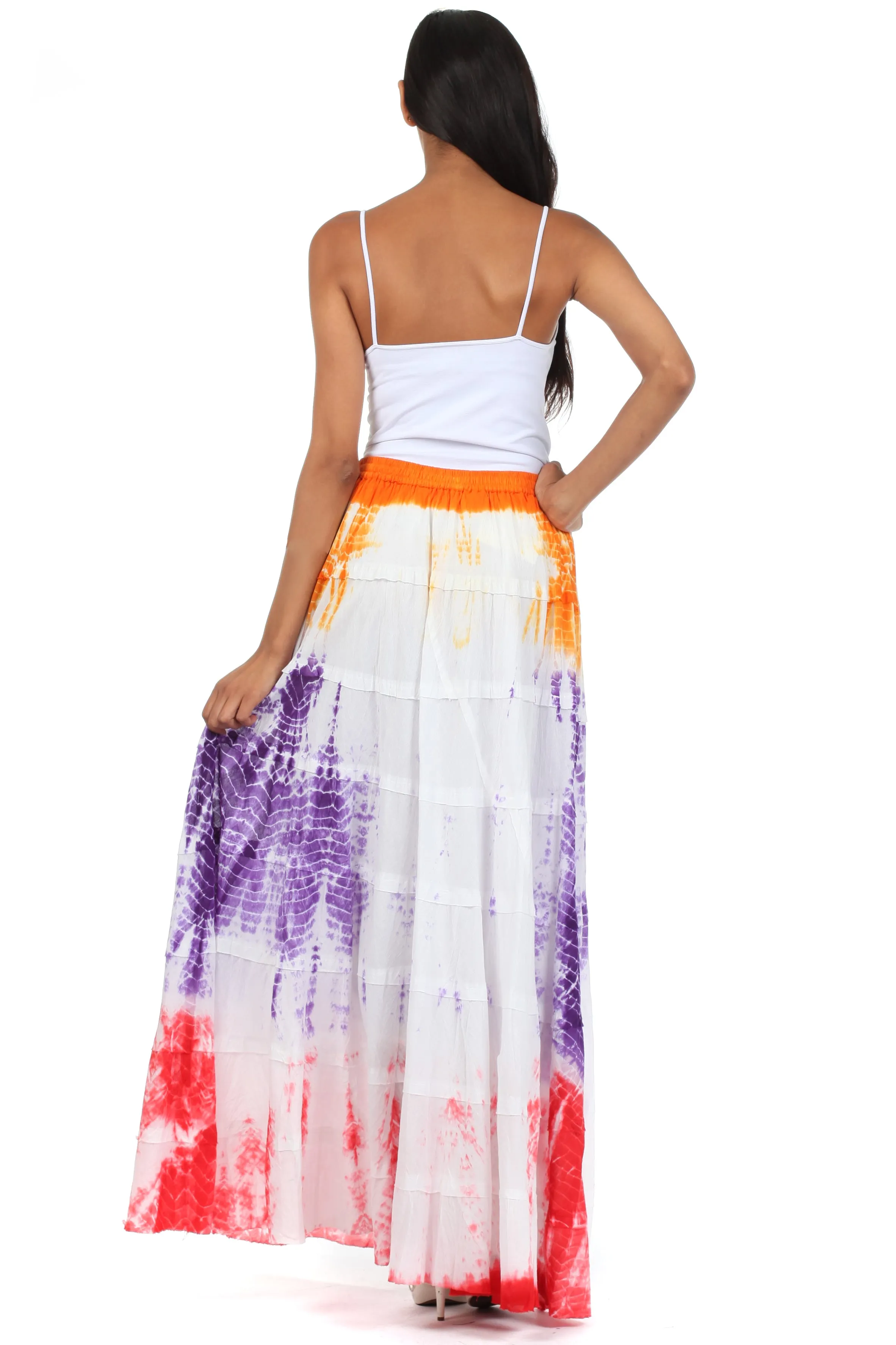 Sakkas Raw Edge Tie Dye Gypsy Boho Peasant Long Cotton Skirt