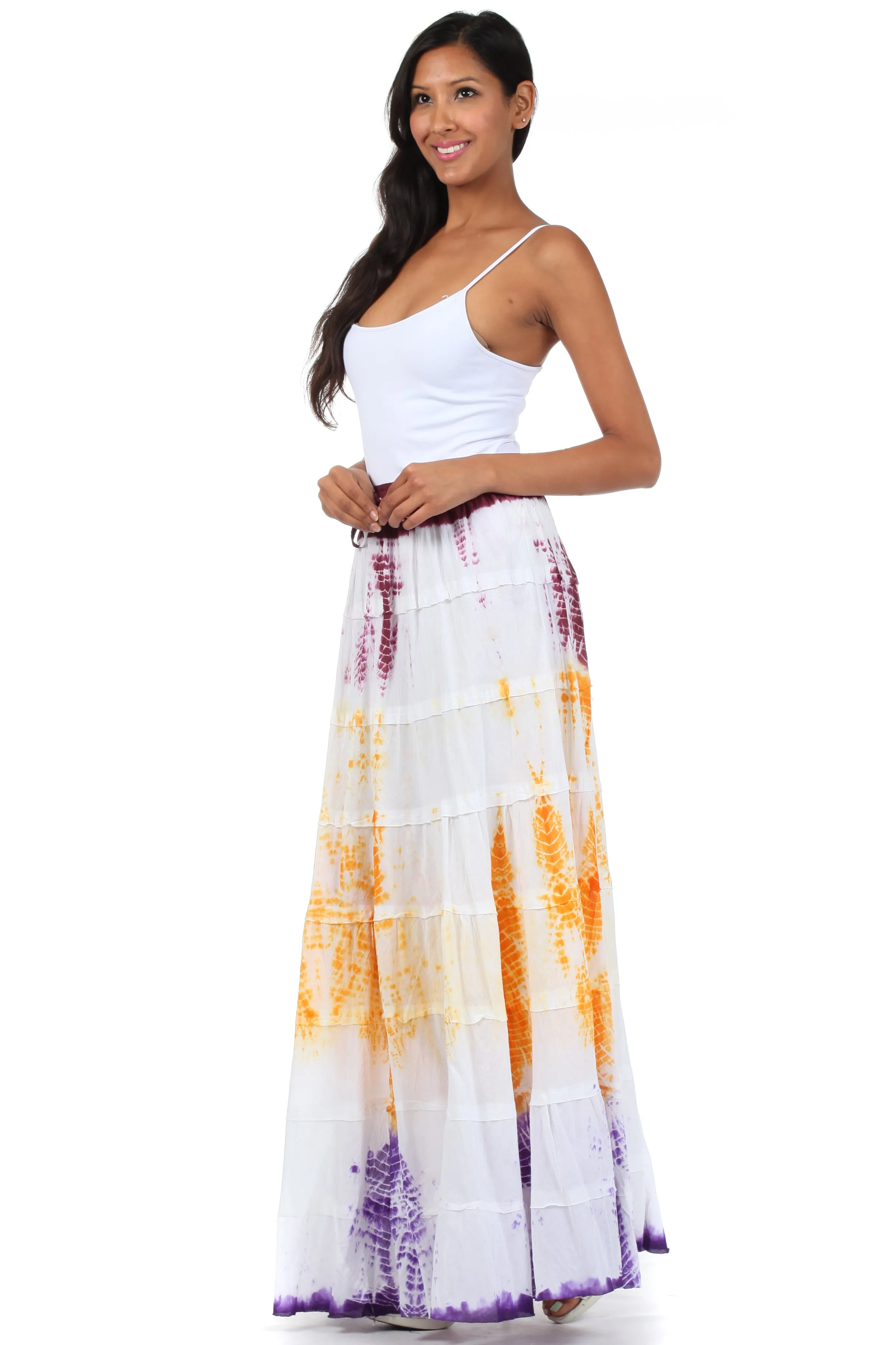 Sakkas Raw Edge Tie Dye Gypsy Boho Peasant Long Cotton Skirt