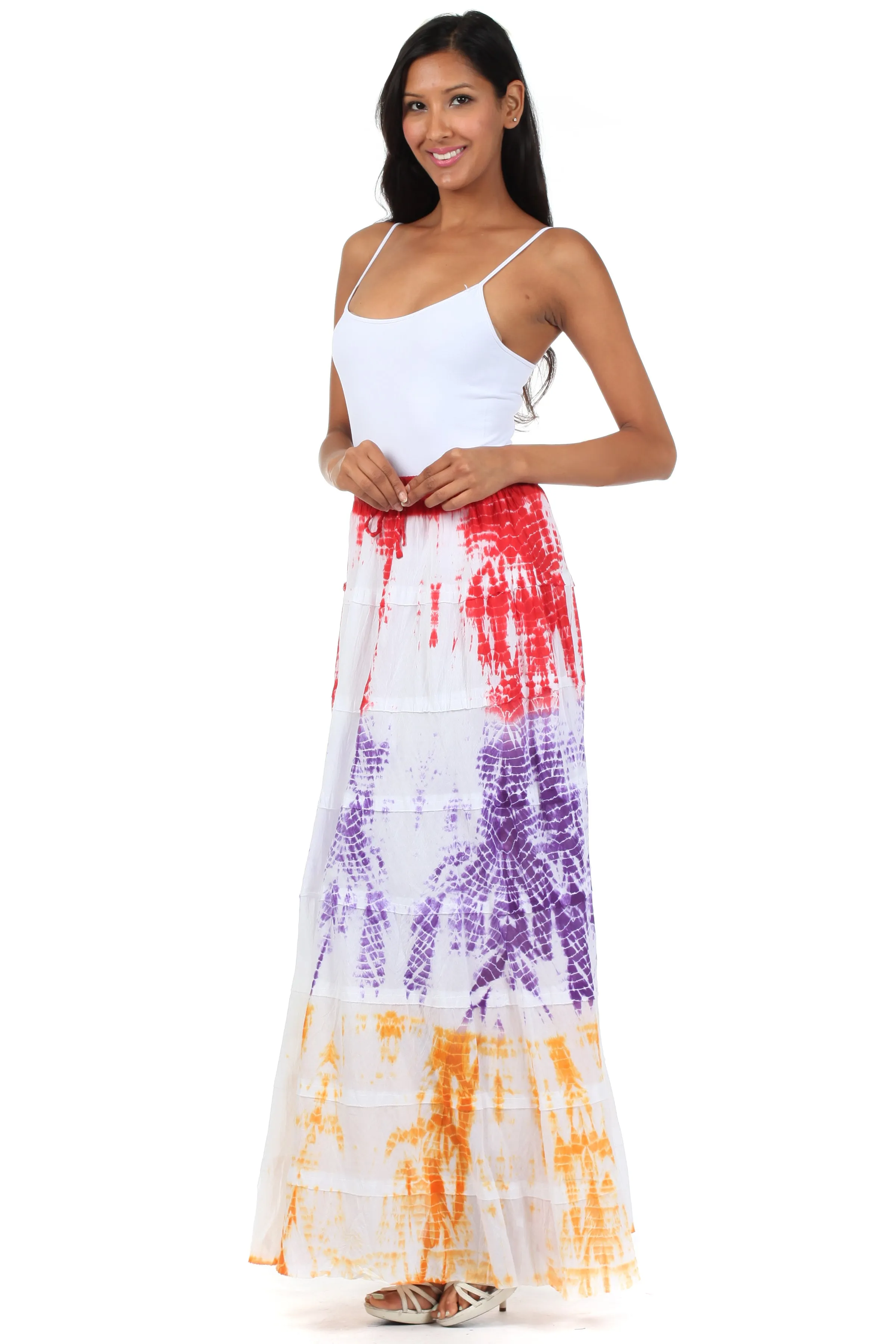 Sakkas Raw Edge Tie Dye Gypsy Boho Peasant Long Cotton Skirt