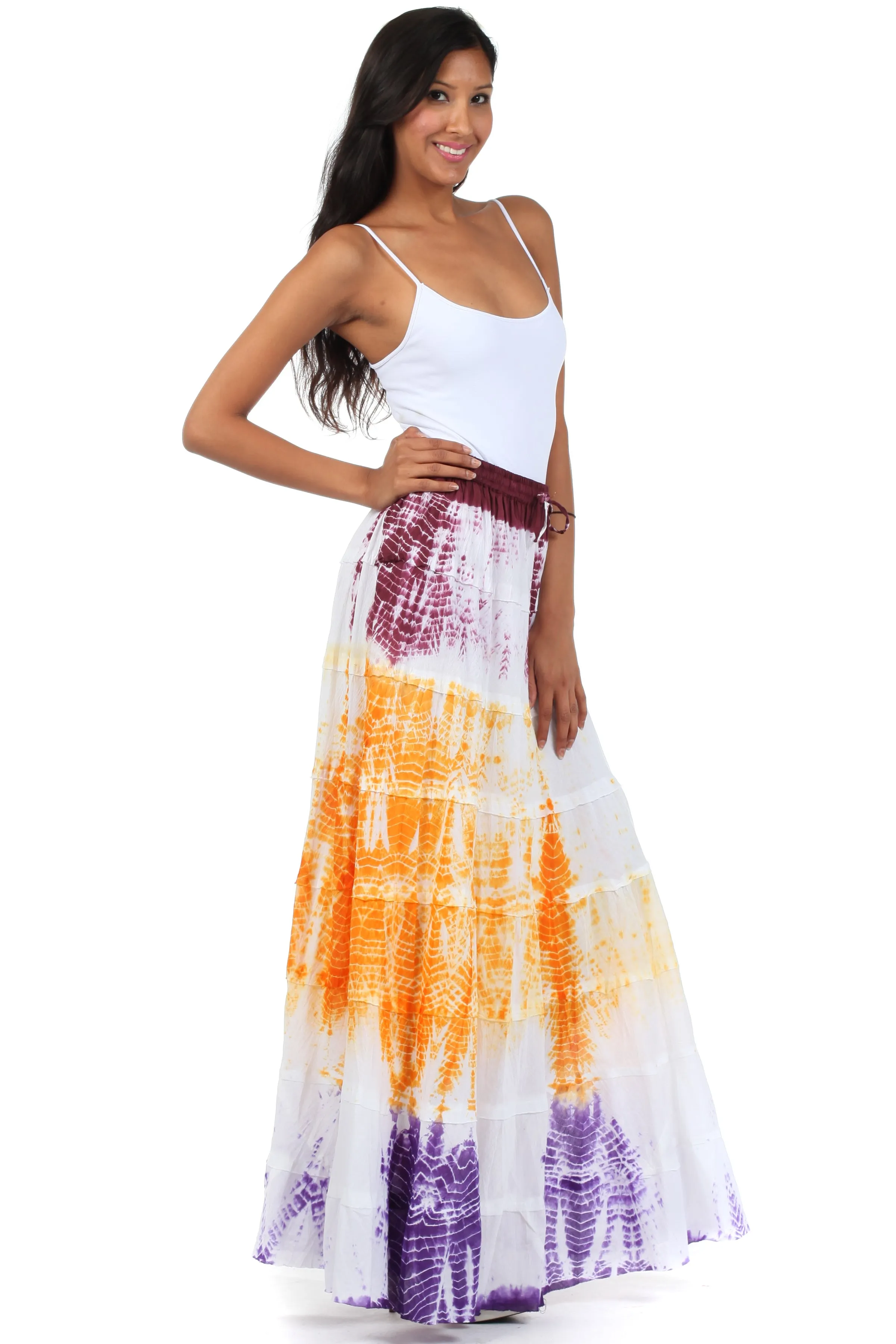 Sakkas Raw Edge Tie Dye Gypsy Boho Peasant Long Cotton Skirt