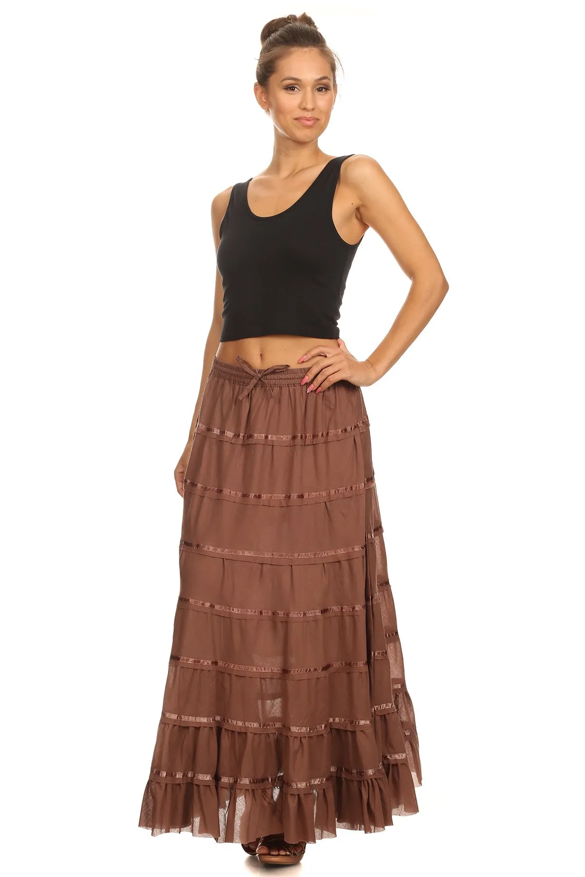 Sakkas Raw Edge Tiered Ribbon Gypsy Boho Long Cotton Skirt