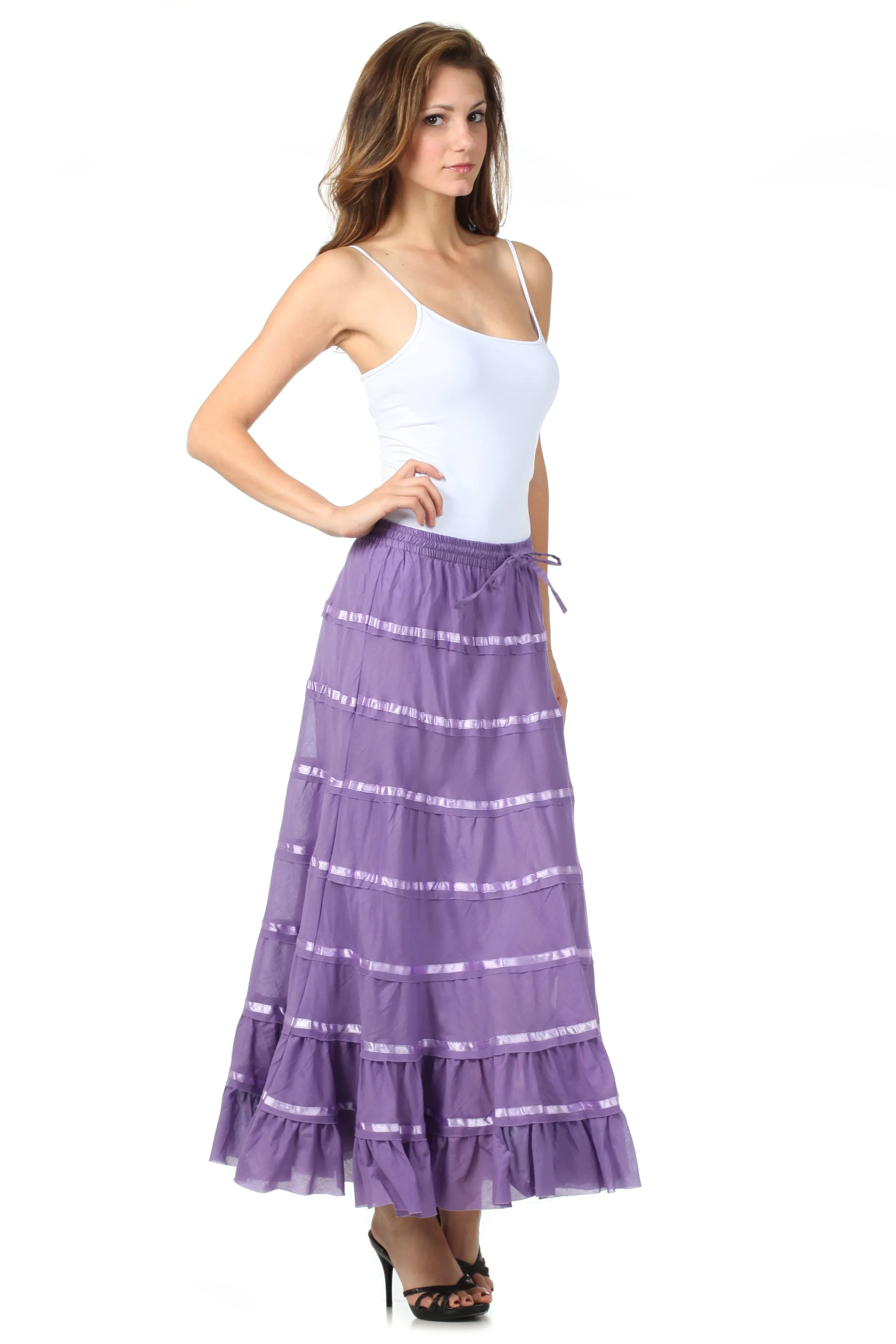 Sakkas Raw Edge Tiered Ribbon Gypsy Boho Long Cotton Skirt