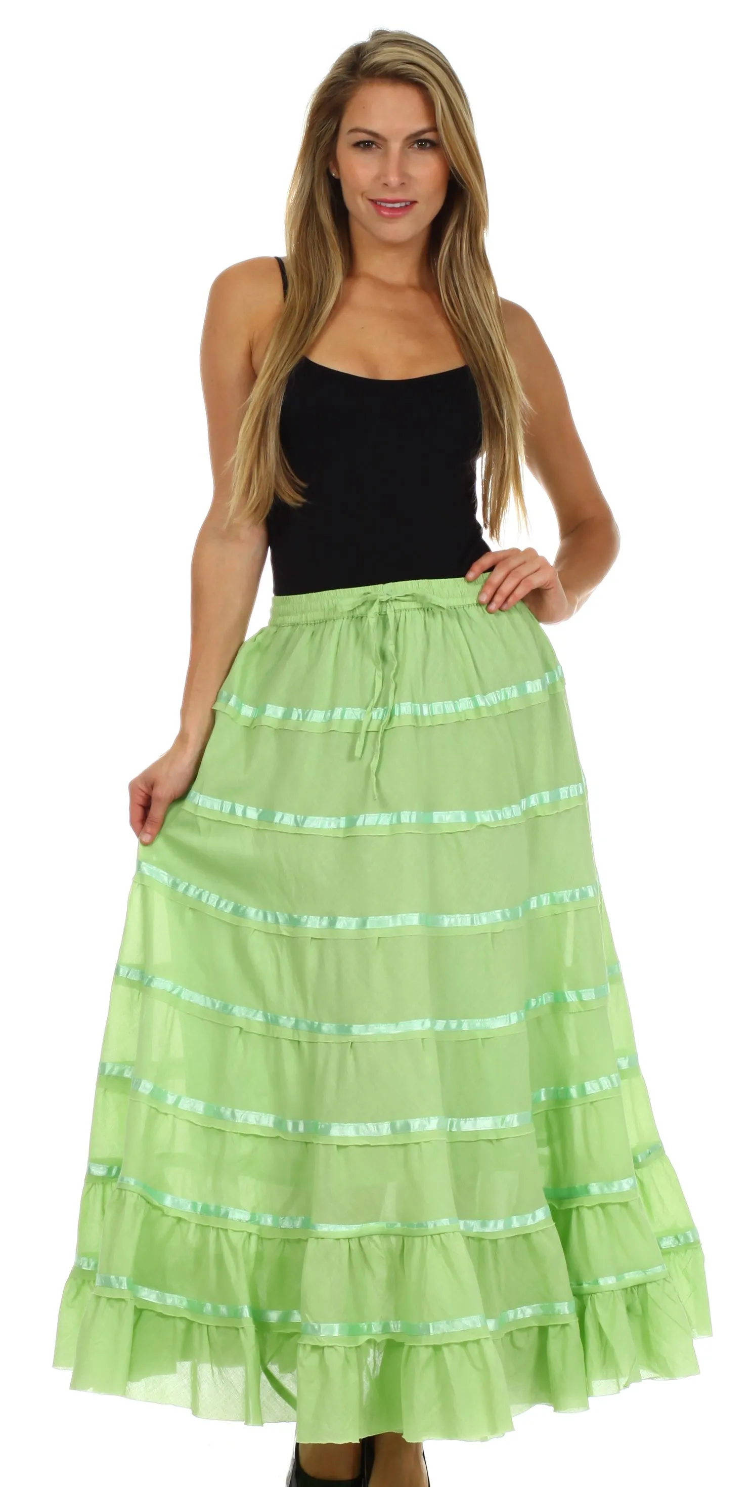 Sakkas Raw Edge Tiered Ribbon Gypsy Boho Long Cotton Skirt