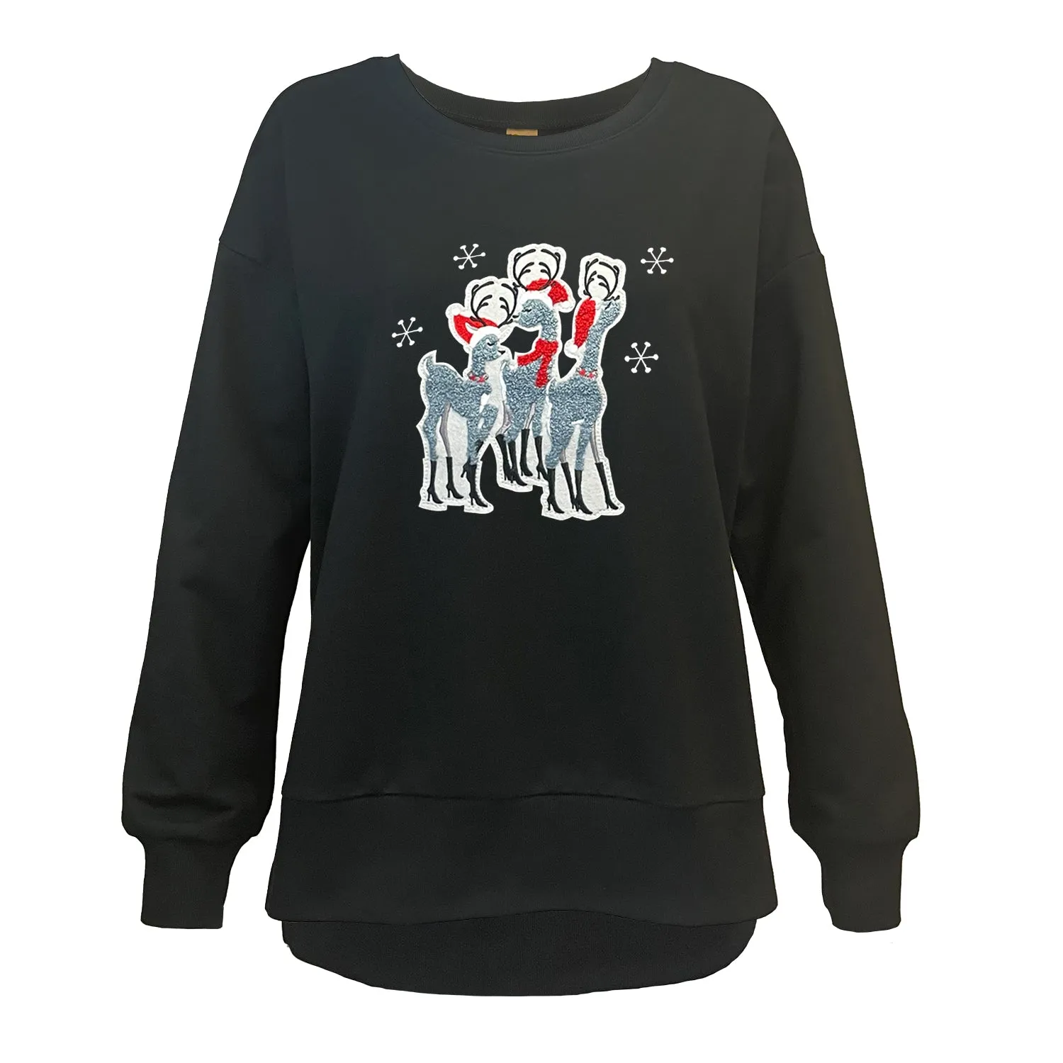 Santa Deer Chenille Patch Black Boxy Crew