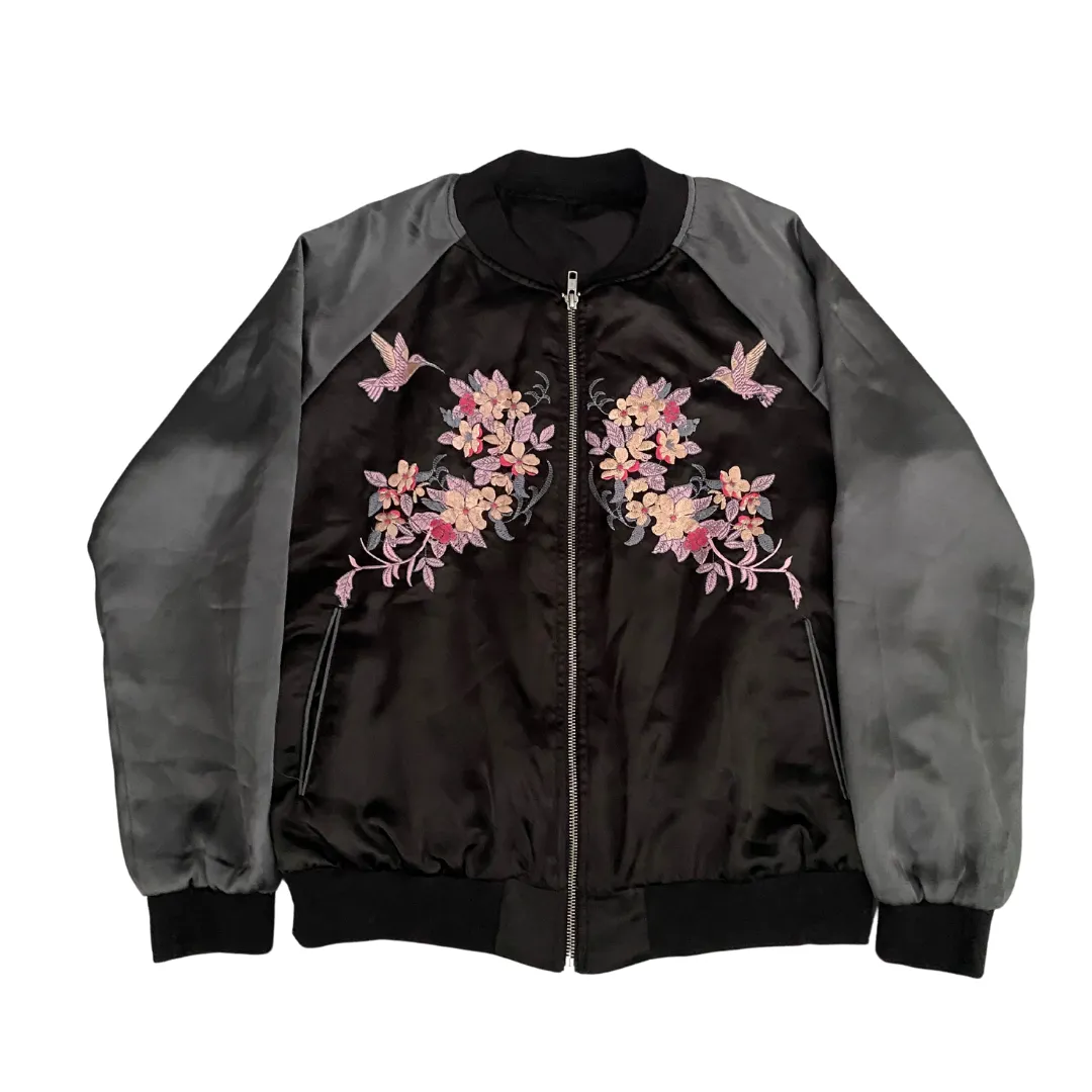 Satin Embroidered Bomber Jacket Black Grey SIZE L