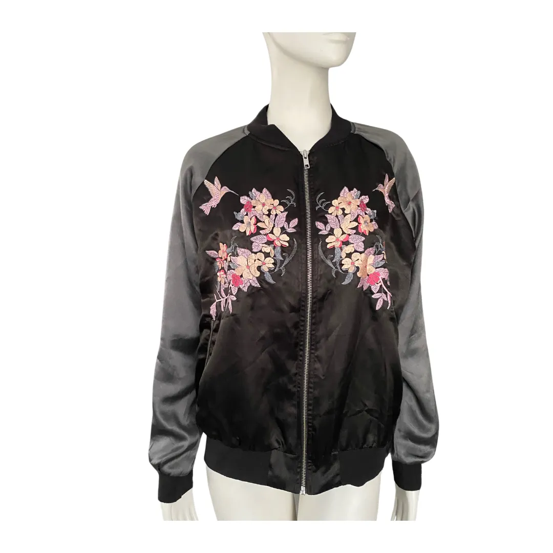 Satin Embroidered Bomber Jacket Black Grey SIZE L