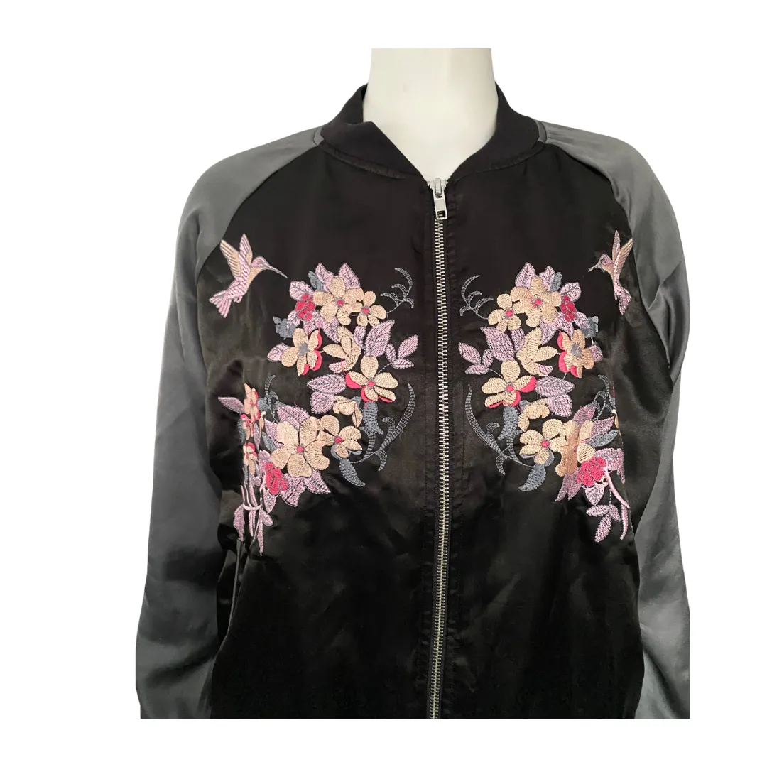 Satin Embroidered Bomber Jacket Black Grey SIZE L