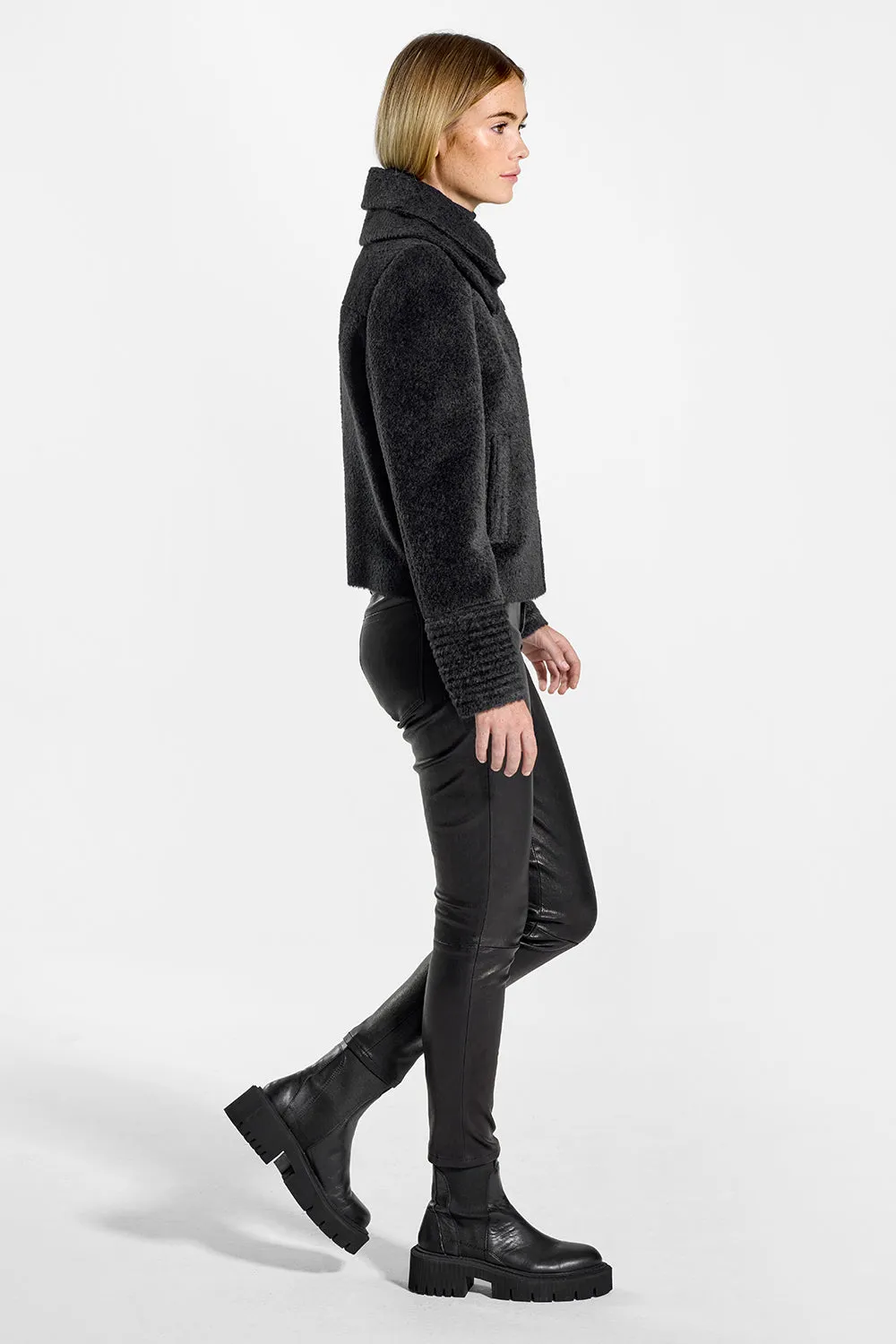 SENTALER BLACK BOUCLÉ ALPACA MOTO JACKET WITH SIGNATURE DOUBLE COLLAR