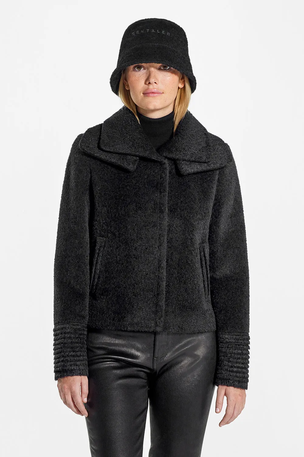 SENTALER BLACK BOUCLÉ ALPACA MOTO JACKET WITH SIGNATURE DOUBLE COLLAR