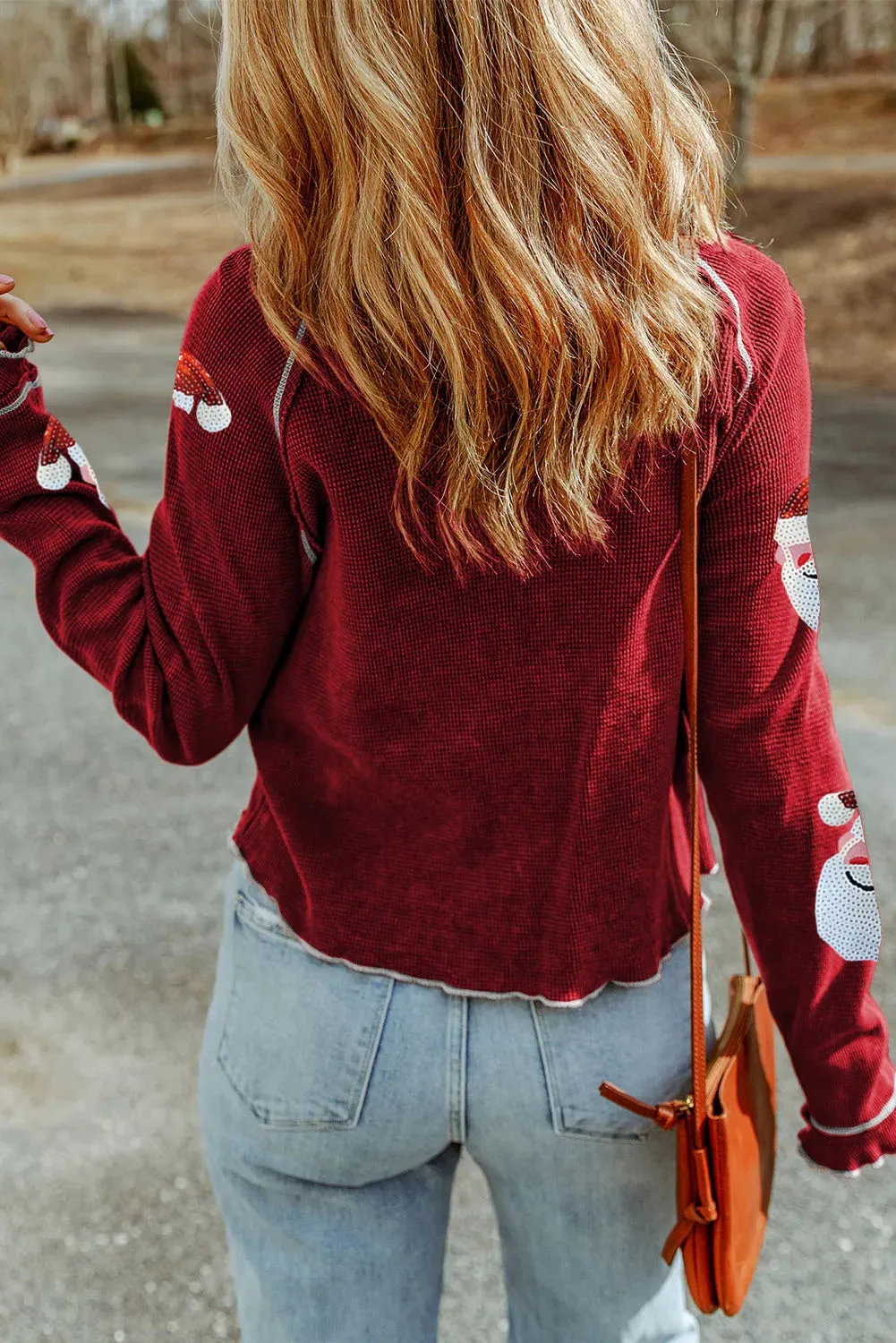 Sequin Santa Round Neck Long Sleeve Blouse | Christmas Sweater | Christmas Outfit