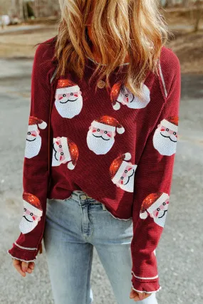 Sequin Santa Round Neck Long Sleeve Blouse | Christmas Sweater | Christmas Outfit