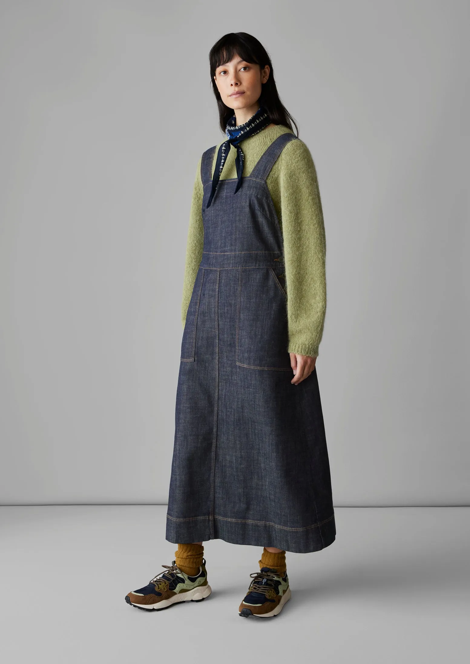 Side Button Denim Pinafore Dress | Indigo