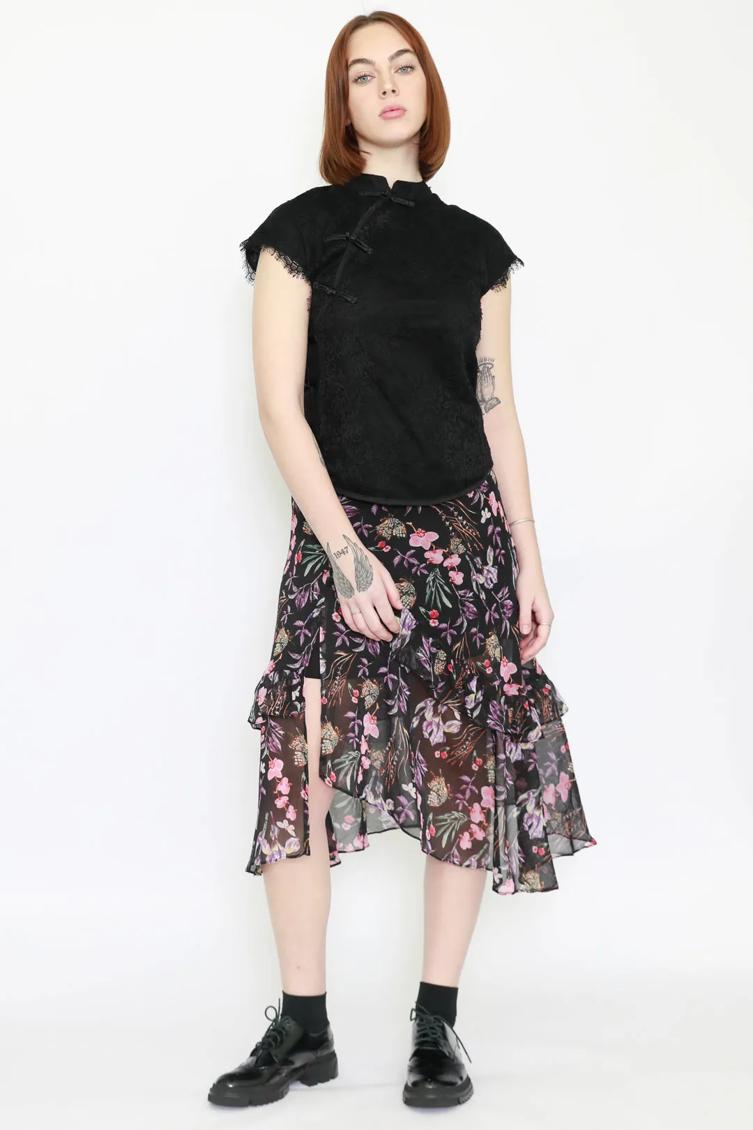 Silk Floral Prints Ruffle Layer Skirt