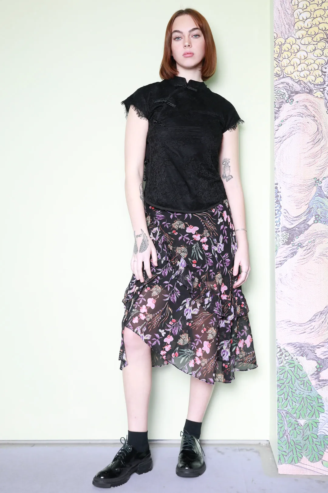 Silk Floral Prints Ruffle Layer Skirt