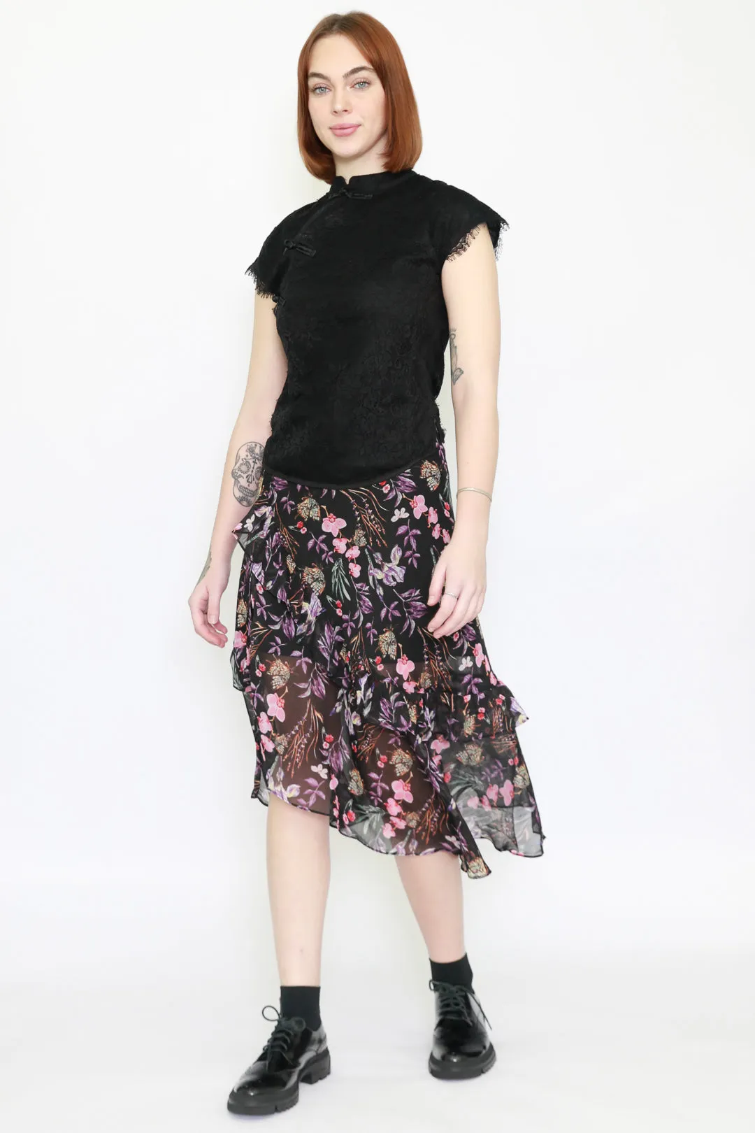 Silk Floral Prints Ruffle Layer Skirt