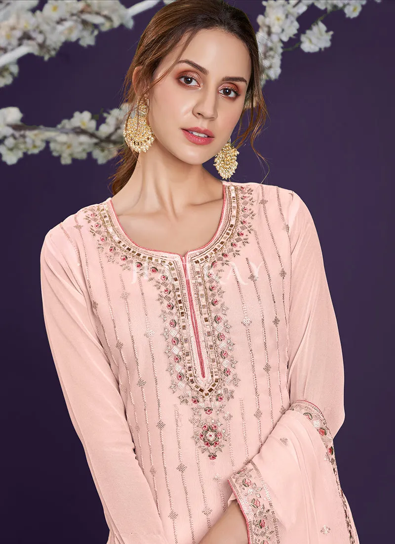 Soft Peach Multi Embroidered Designer Palazzo Suit