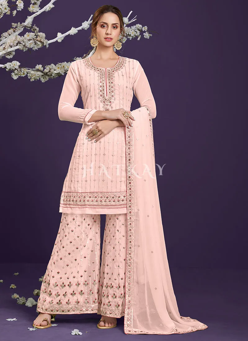 Soft Peach Multi Embroidered Designer Palazzo Suit