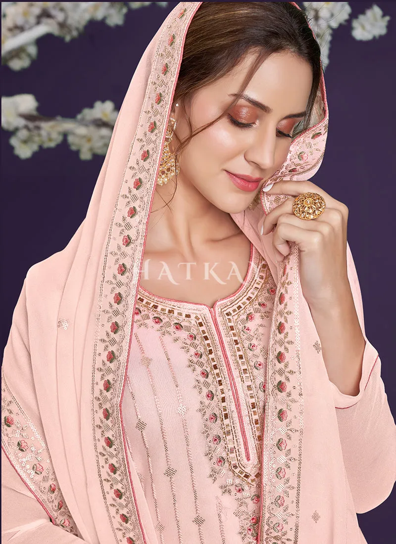 Soft Peach Multi Embroidered Designer Palazzo Suit