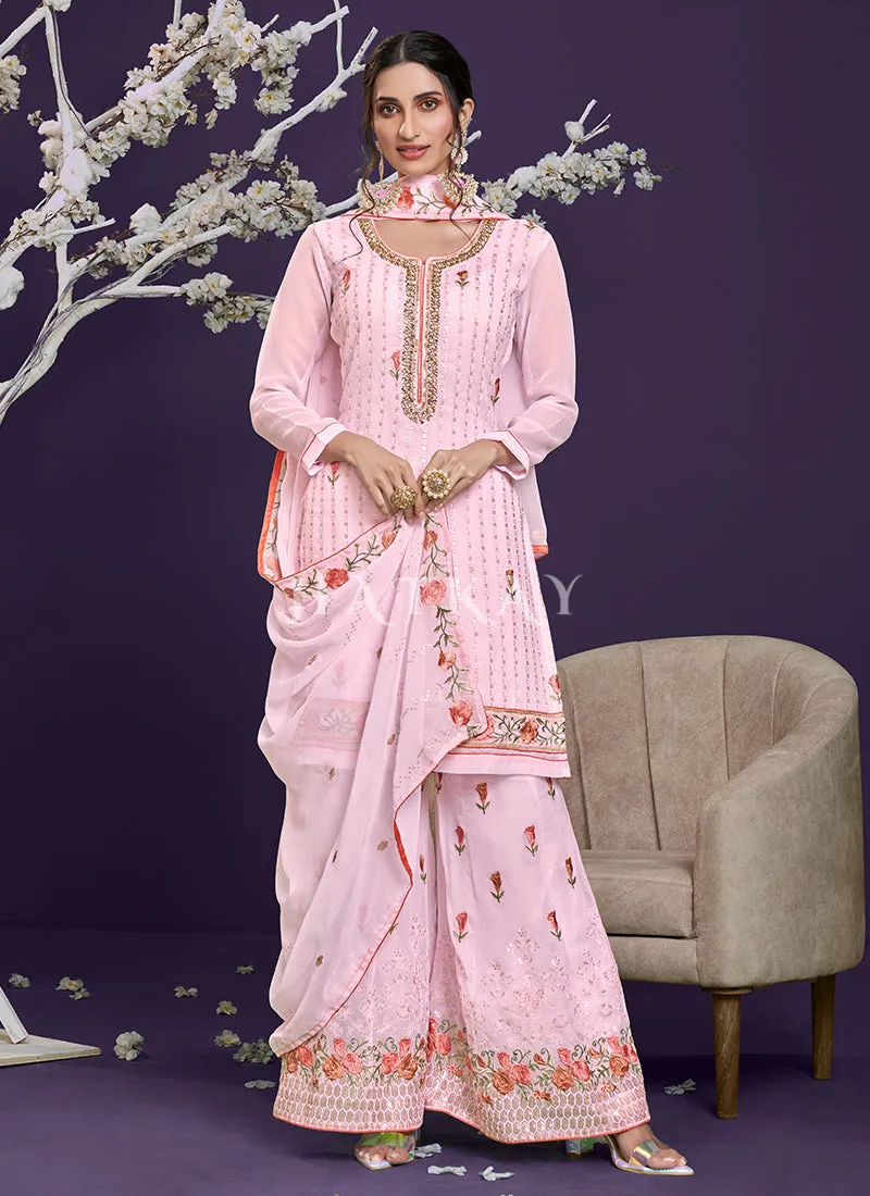 Soft Pink Multi Embroidered Designer Palazzo Suit