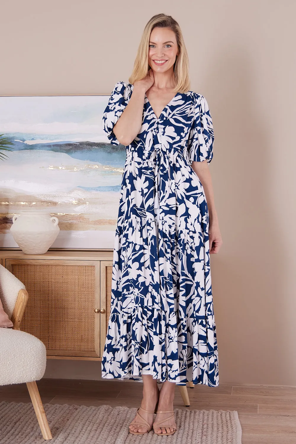 Soraya Puff Sleeve Dress - Navy/White Floral