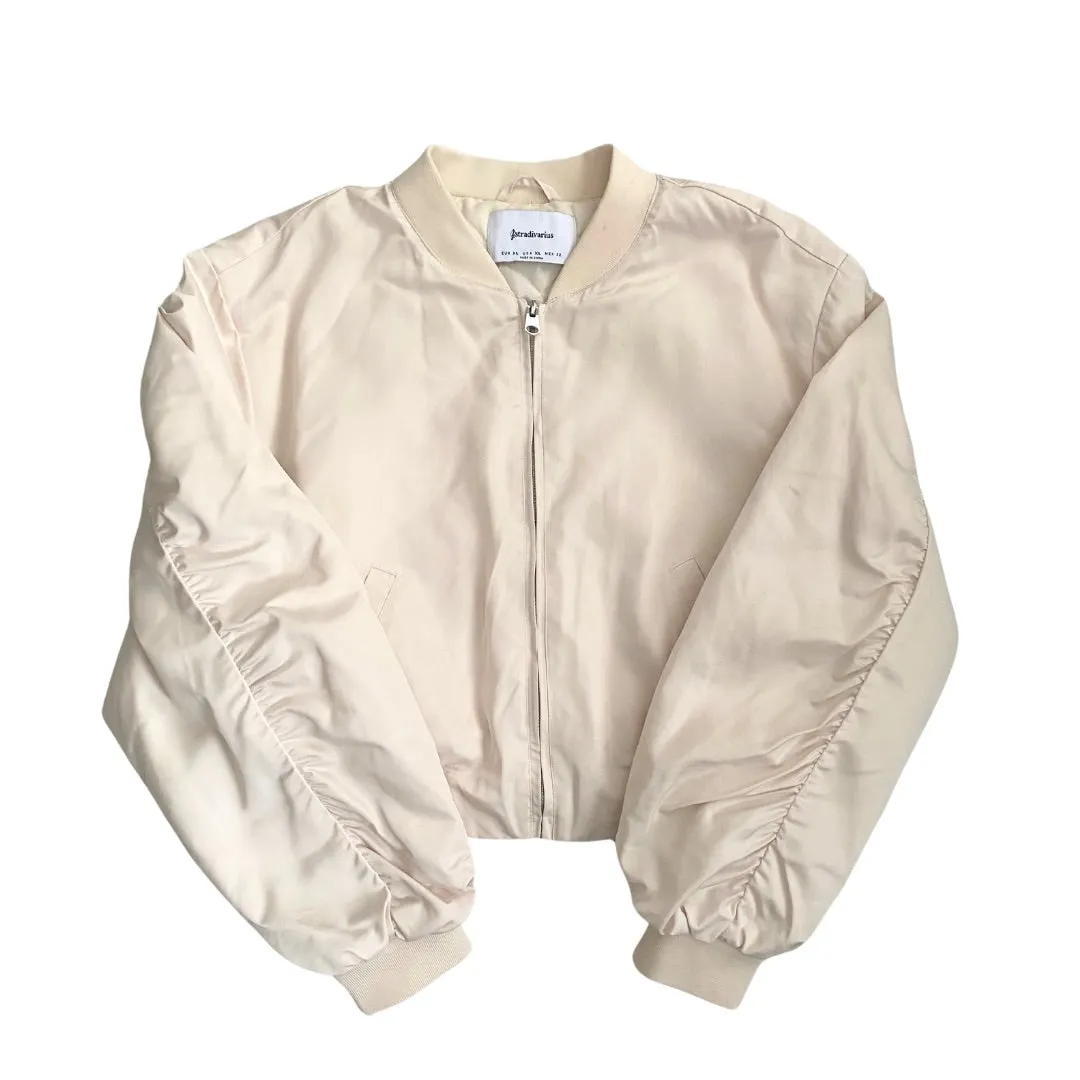 Stradivarius Satin Short Bomber Jacket Cream SIZE XL