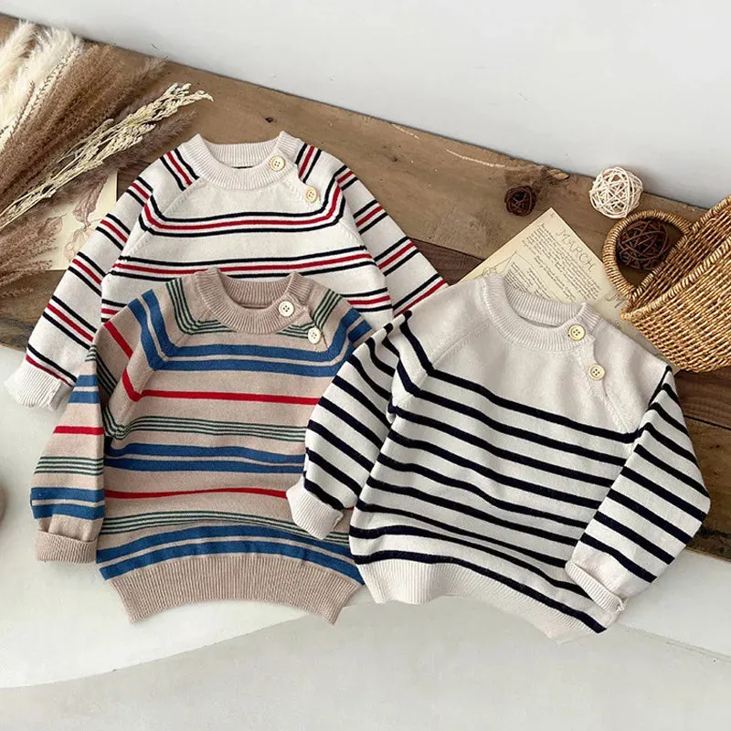 Striped Button-Up Knit Sweater