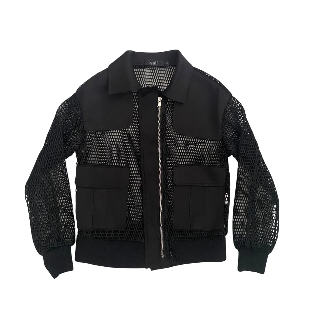 Structured Contrast Mesh Bomber Jacket Black SIZE M