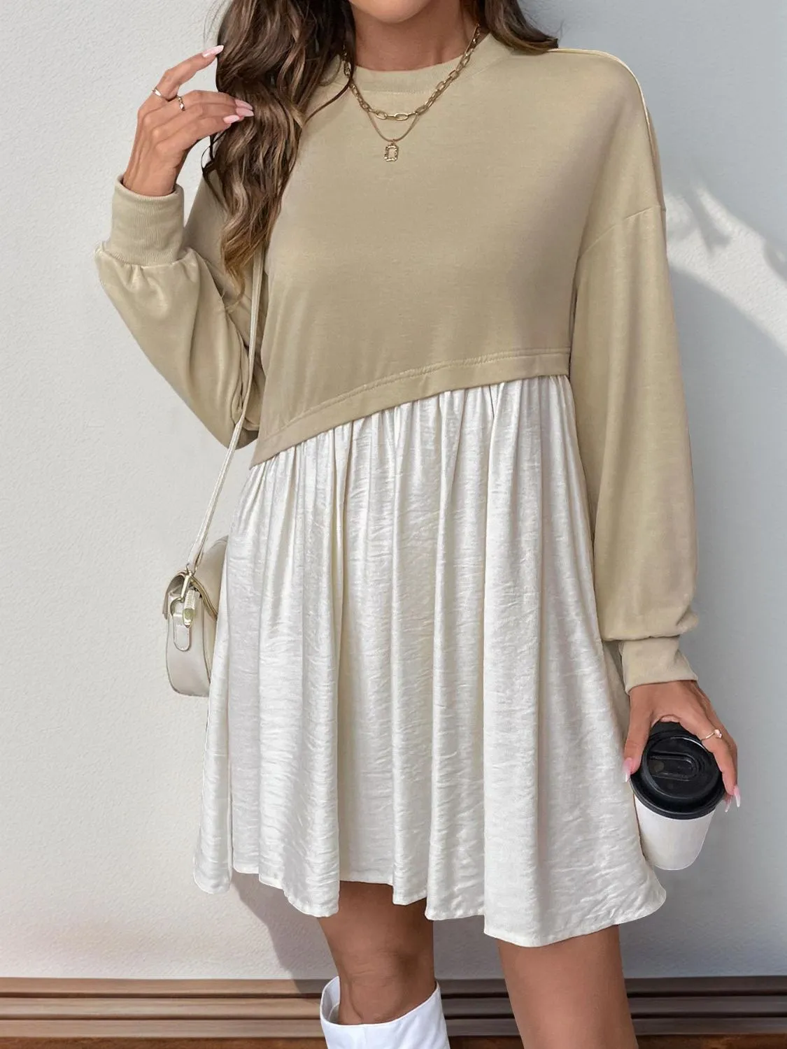 Sweater Contrast Round Neck Long Sleeve Mini Dress | Fall Fashion Trends